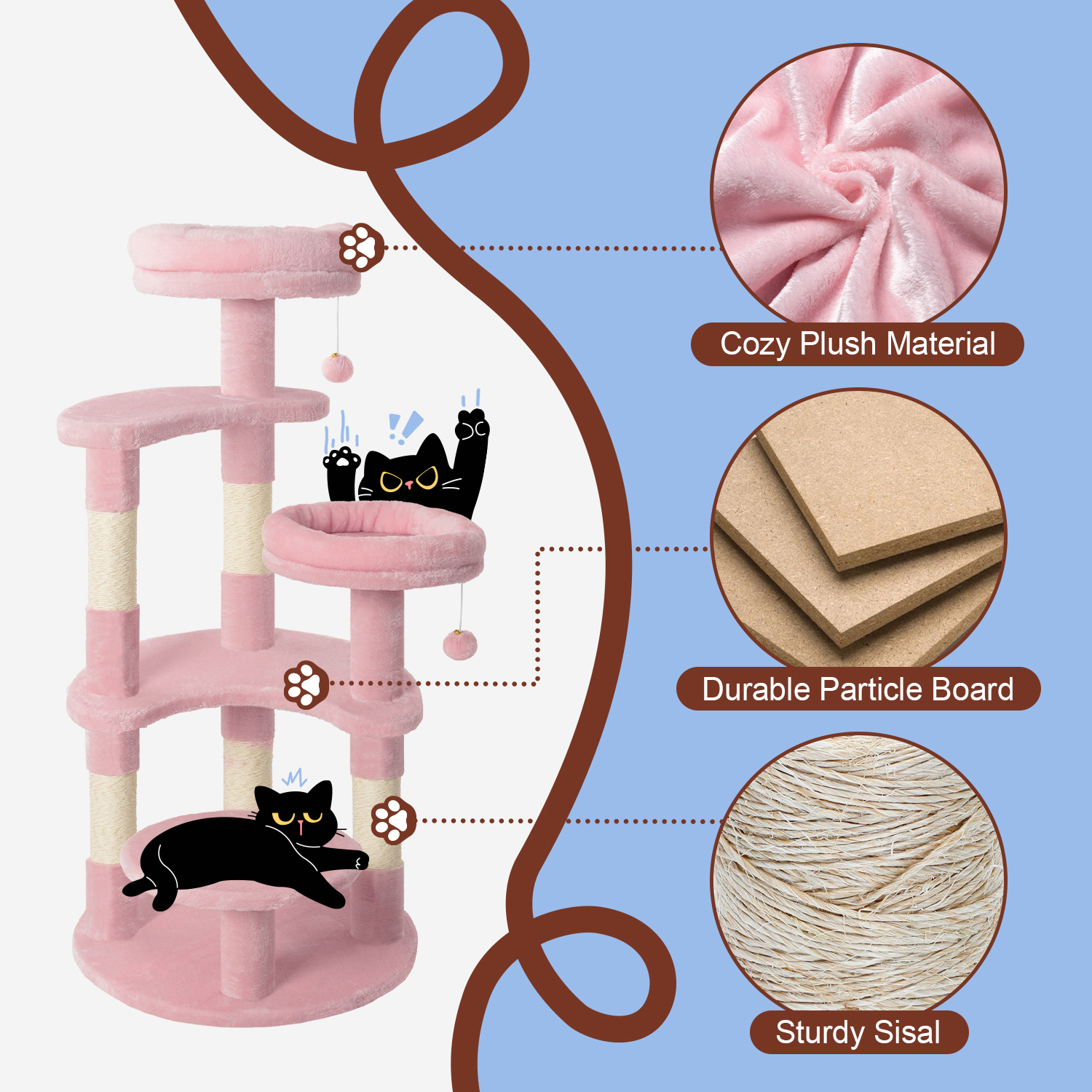 Amolife 55.5" Large Cat Tree and Tower with 5 Scratching Posts, Cat Perches for Indoor Cats and Kittens, Pink
