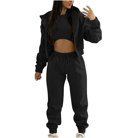 Mrat Sweatsuits for Women Set 3 Piece Outfits Zip Hoodie Sweatshirt Cropped Tank Tops Jogger Sweatpants Tracksuit S-16 Black L