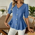thumbnail image 2 of Women V-Neck Button Tops Short Sleeve Lace Hem Fashion T-Shirt Summer Temperament Casual Outfit,Blue,XXL, 2 of 7