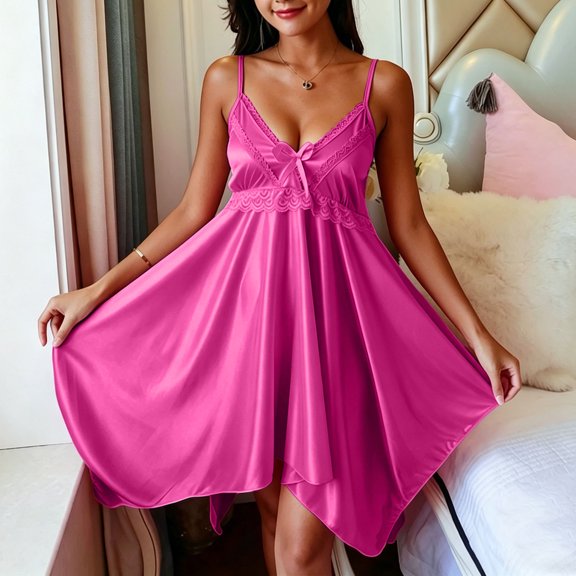 FDGIU Women's 2026 Summer Spaghetti Strap V‑Neck Satin Nightgown, Lace Trim Bow Front Irregular Hem Sleeveless Sleep Dress for Loungewear