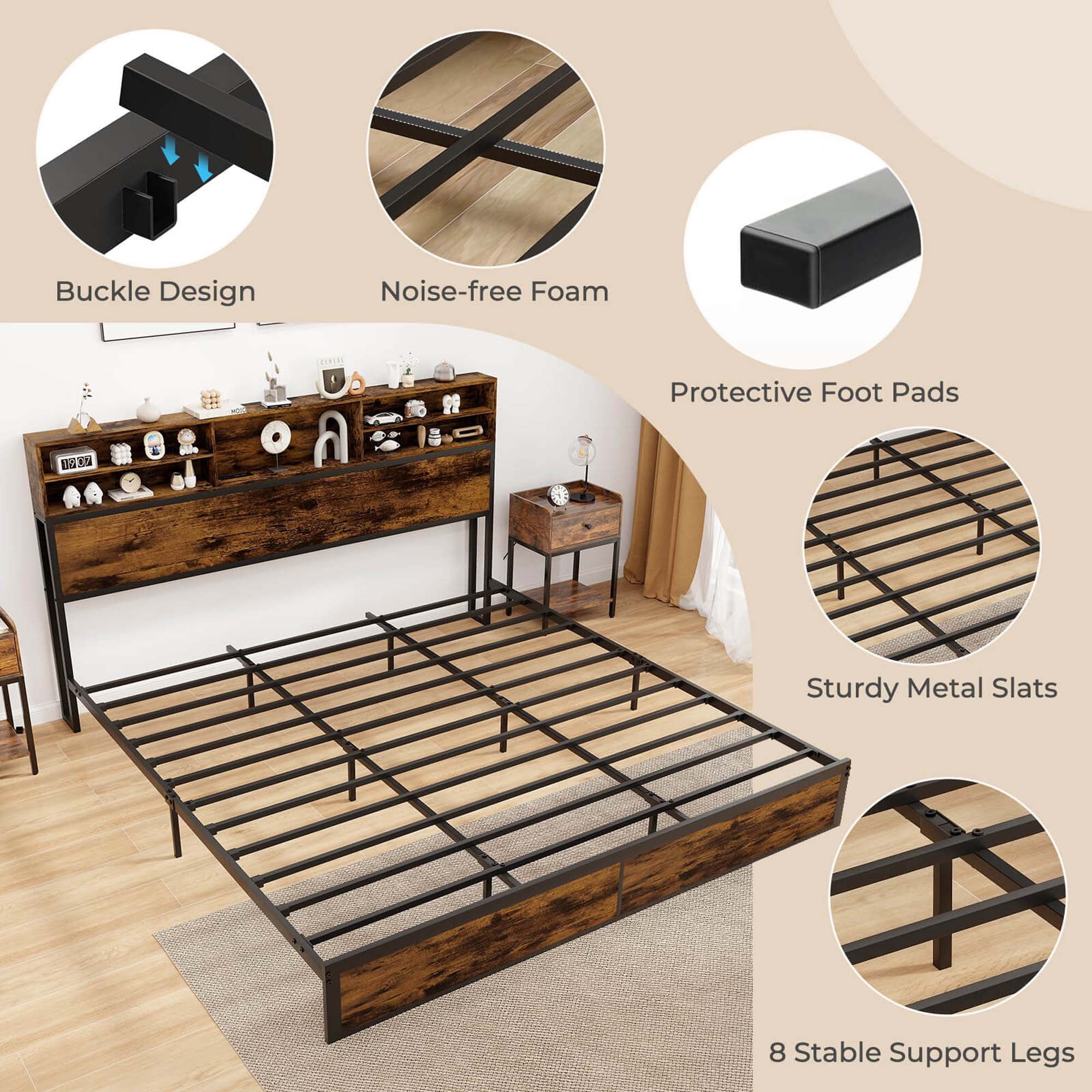 Costway King Bed Frame with Charging Station Storage Headboard Under-bed Storage Space