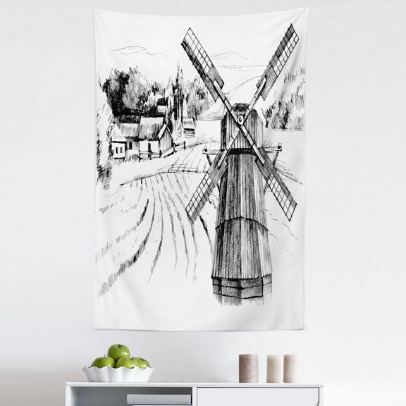 Landscape Tapestry, Hand Drawn Rural Scenery Small Town Farm Houses Forest and Mill Romantic Sketch, Fabric Wall Hanging Decor for Bedroom Living Room Dorm, 5 Sizes, Black White, by Ambesonne