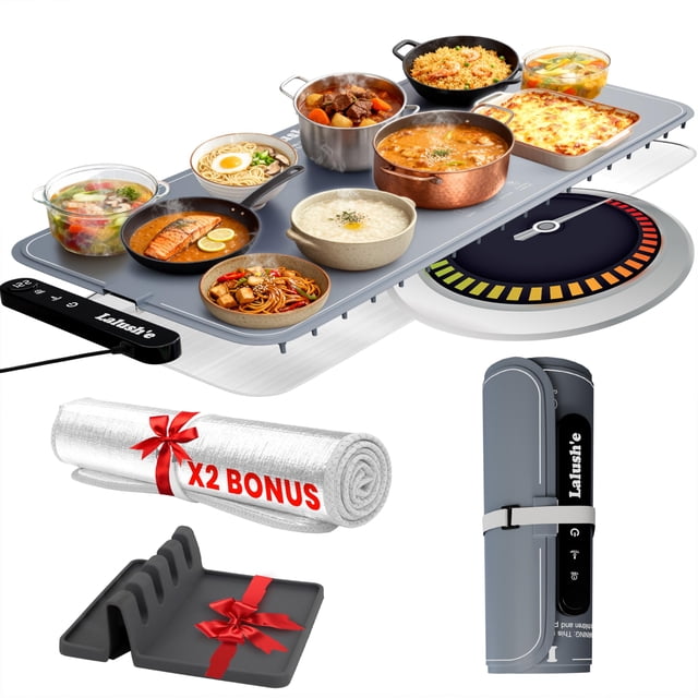 Lalush'e Electric Food Warming Mat, XXL 36x15" - Portable Food Warmer for Parties, Hosting & Buffet Serving Foldable Graphene Heating Tray with 7 Tem
