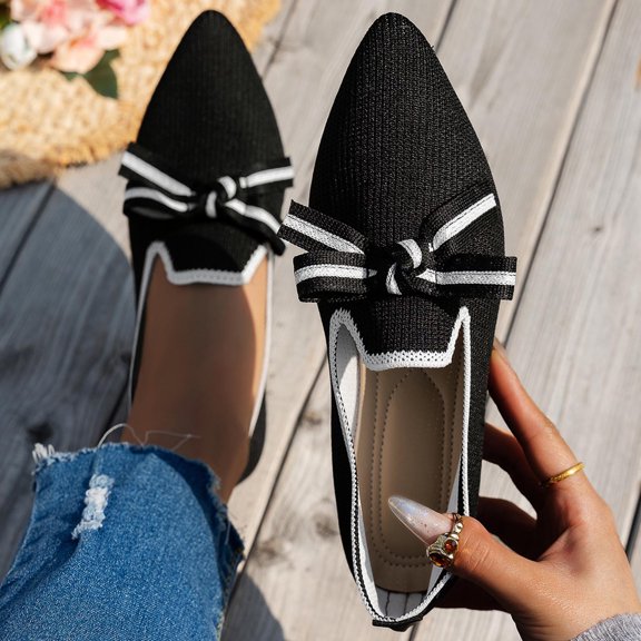 RUIYANQI Women's Knit Pointed Toe Loafers Bow Decor Slip On Design Comfortable Walking Shoes Trendy Fashion Casual Flats Breathable Footwear Black Women Sandals