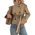 thumbnail image 1 of Abrigo Corto de Mujer Tipo Gabardina, Chaqueta Corta Cruzada, Cuello Alto, Otoño/Invierno, Conjunto Moderno con Cinturón Caqui M, 1 of 9
