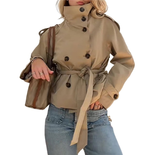 Abrigo Corto de Mujer Tipo Gabardina, Chaqueta Corta Cruzada, Cuello Alto, Otoño/Invierno, Conjunto Moderno con Cinturón Caqui M