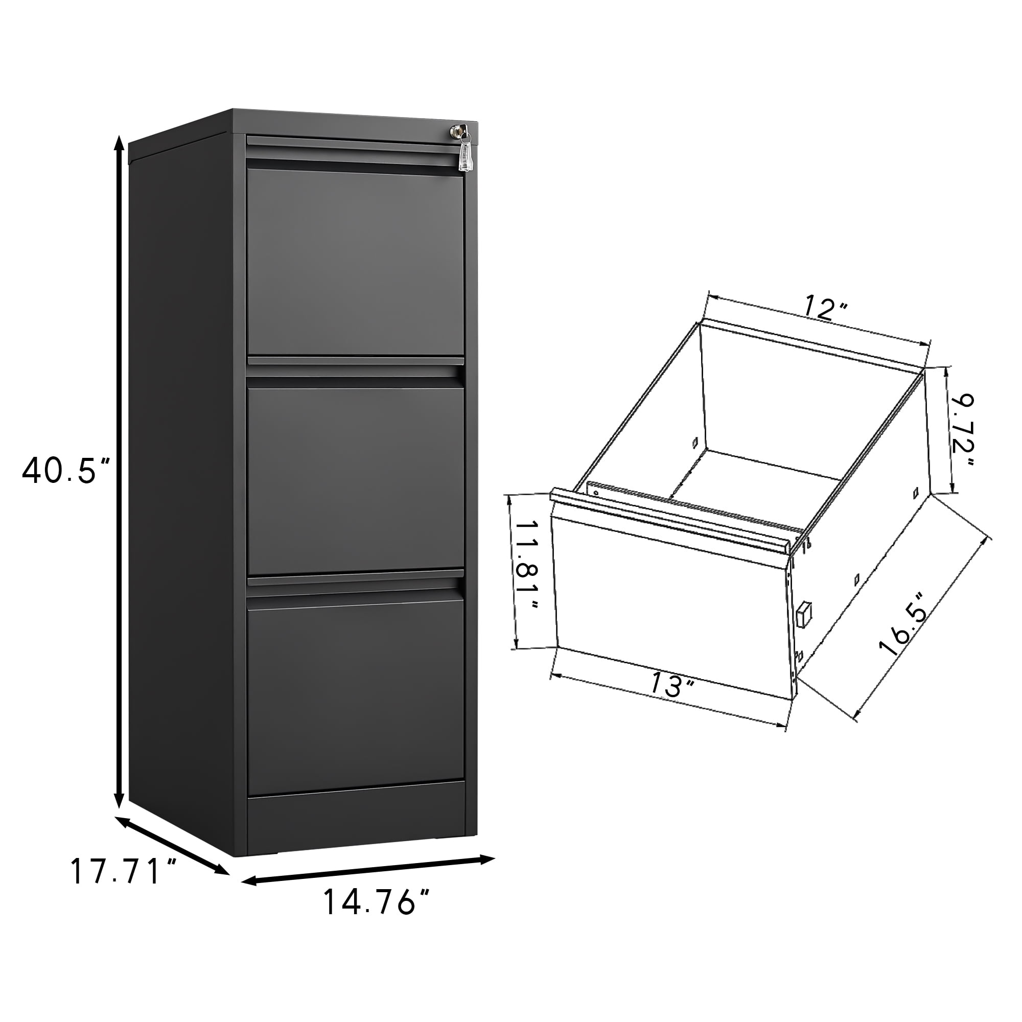 Leumius 3-Drawer File Cabinet with Lock,16.5" Deep Metal Lateral Vertical Filing Cabinet for Home Office,Fits Legal/Letter/A4,Black