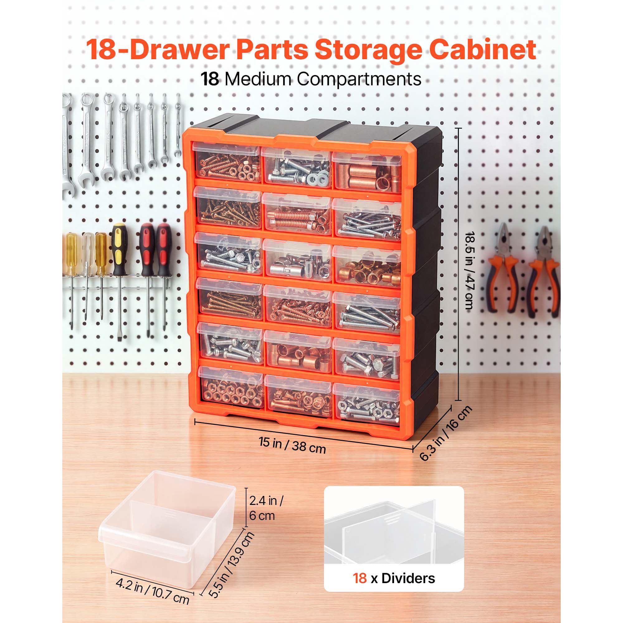 KFFKFF 18-Drawer Plastic Storage Organizer, Stackable Cabinet for Garage and Workshop, Wall-Mountable Small Parts Organizer for Tools, Beads, Screws, Crafts, and Building Blocks