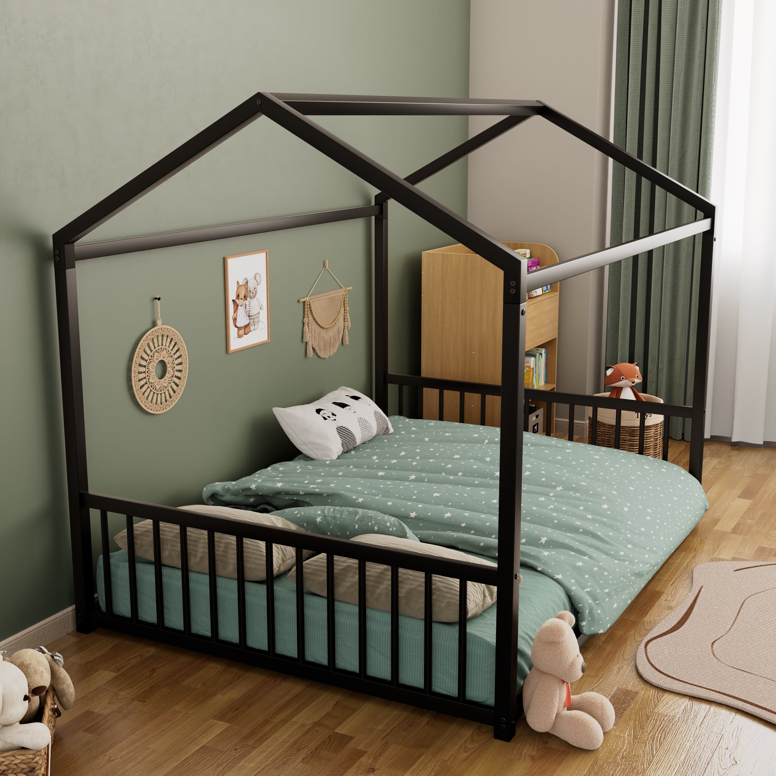 Euroco Metal Full Size Canopy Bed, Low Profile House Bed with Guardrails, Black