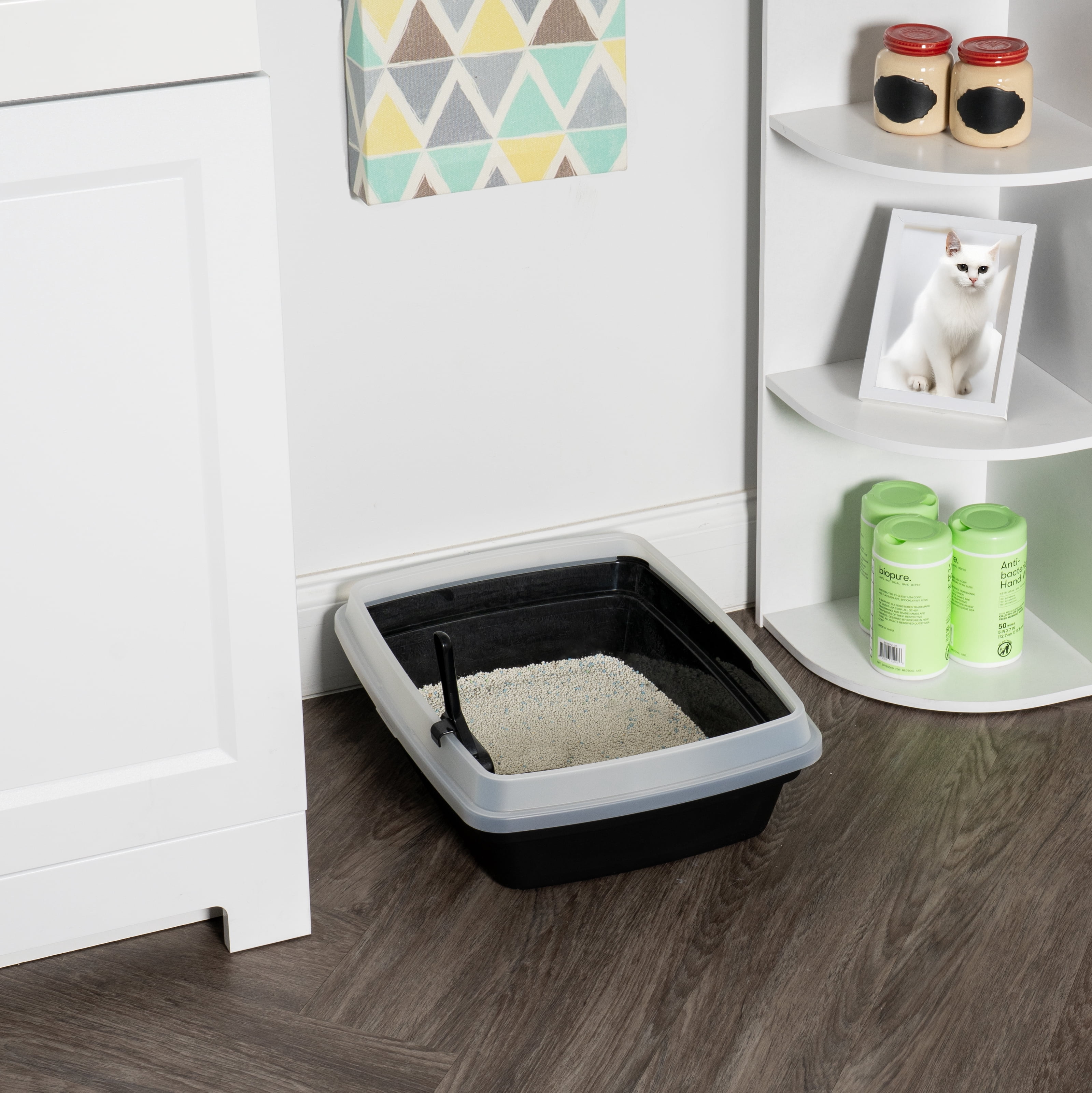'IRIS Open Top Cat Litter Box with Scoop, Plastic Pan , Black