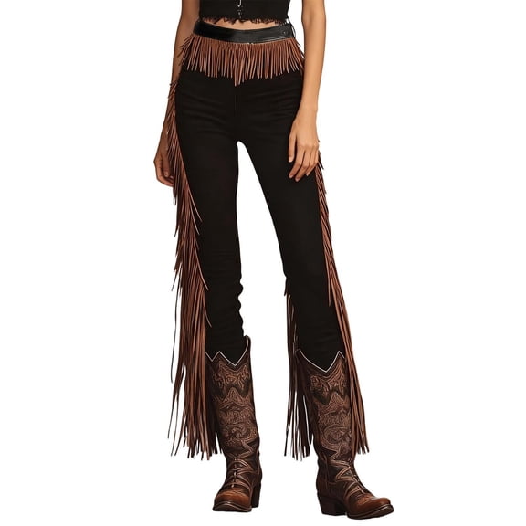 XIAONU Women's Fringe Flare Jeans Slim Fit Trimmed Trousers Stretchy Western Party Pants Black