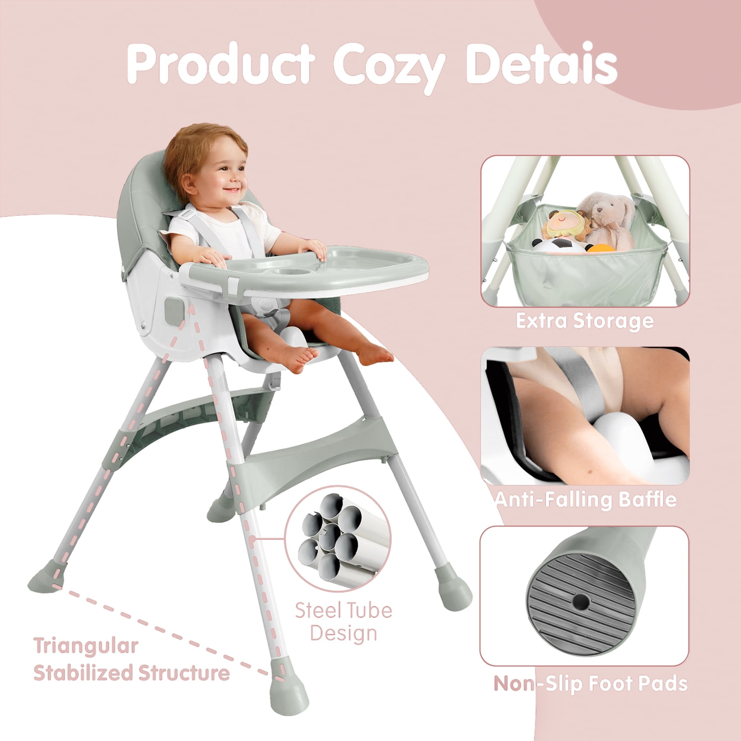 Aprpink 6 in 1 Baby Convertible High Chair Seat with 5 Point PU Safety Harness, Light Green Striped