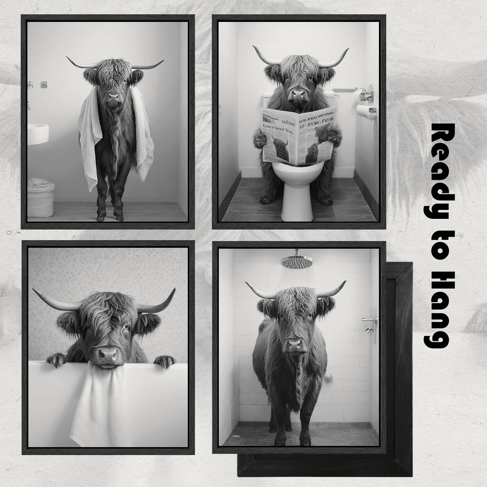 Funny Highland Cow Bathroom Wall Art Framed Black and White Rustic Cute Bathroom Canvas Prints for Bathroom Restroom Decor 8x10inx4pcs (Framed)