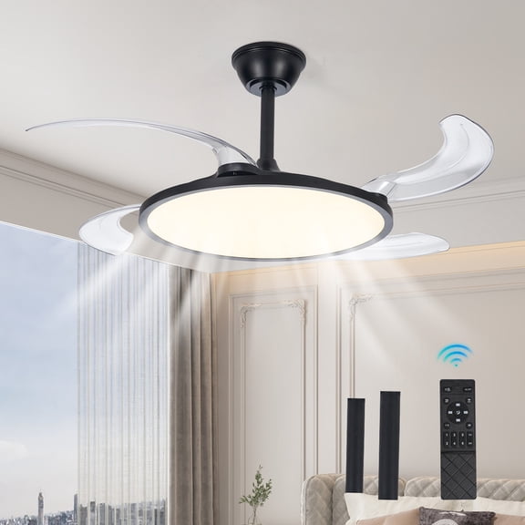 GCGAFUL 42" Ceiling Fan with Light and Remote, Modern Black Dimmable Chandelier Fan with 6 Speeds, Reversible and Retractable Blades for Bedroom