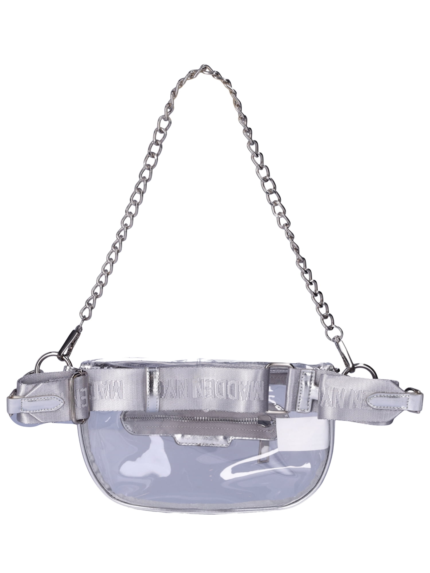 Madden NYC Women’s Clear Convertible Fanny Pack with Rhinestone Pouch, Metallic Silver-Tone