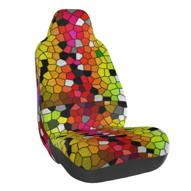 Wukai Colorful Tie Dye Stained Glass 1 Full Set Car Seat Covers with Soft Padding Universal Auto Front Seats Protector and Cushion Mat