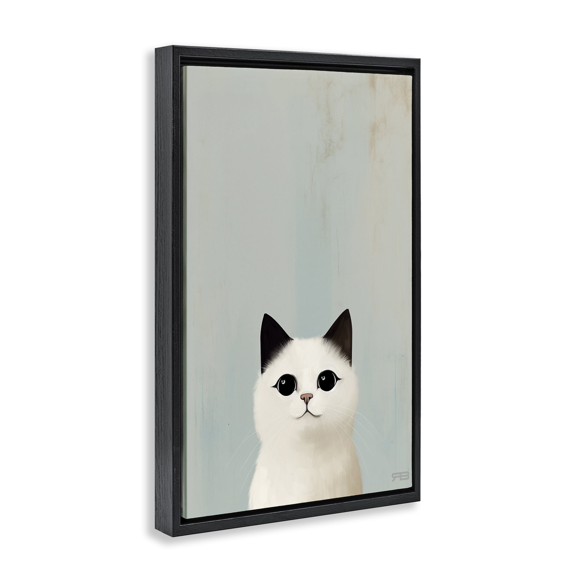 Stupell Industries Peeking White Kitten Animals & Insects Painting Black Floater Framed Canvas Art Print Wall Art, 21 x 31