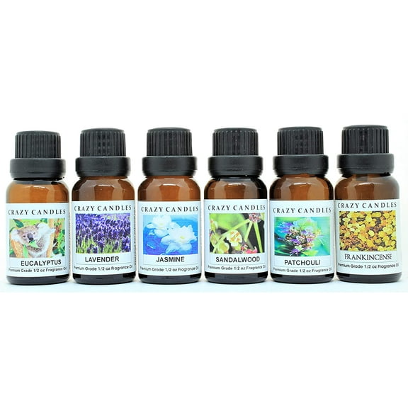 Crazy Candles 6 Bottles Set, 1 Eucalyptus, 1 Lavender, 1 Jasmine, 1 Sandalwood, 1 Patchouli, 1 Frankincense 1/2 Fl Oz Each (15ml) Premium Grade Scented Fragrance Oils