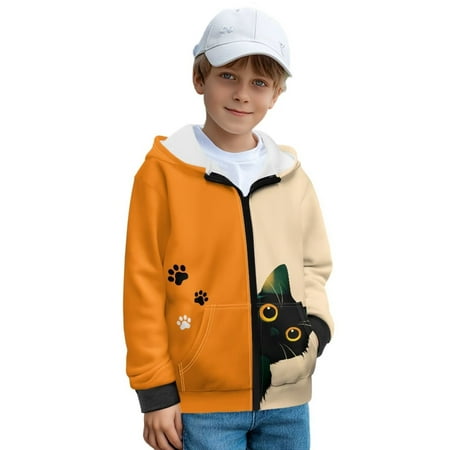 FUIALDOLG Girls Orange Long Hoodies Jacket Black Cat Print Hoodies for Girl Kids Full Zip Hoodie Boys Winter Jacket Warm Cozy Outwear Coat with Pockets Size L