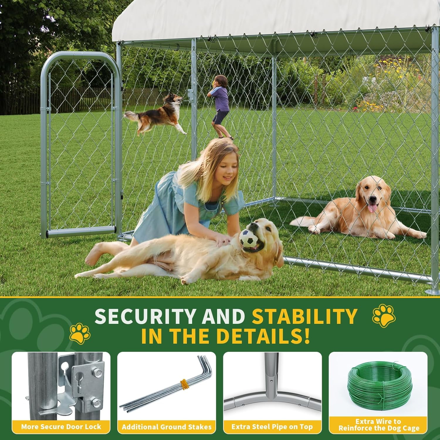 Outdoor Large Dog Kennel, Heavy Duty Dog Enclosure with UV & Rain-Proof Fully Covered Roof, Rustproof Metal Mesh, Double Security Locks, 6.6 x 6.6 FT