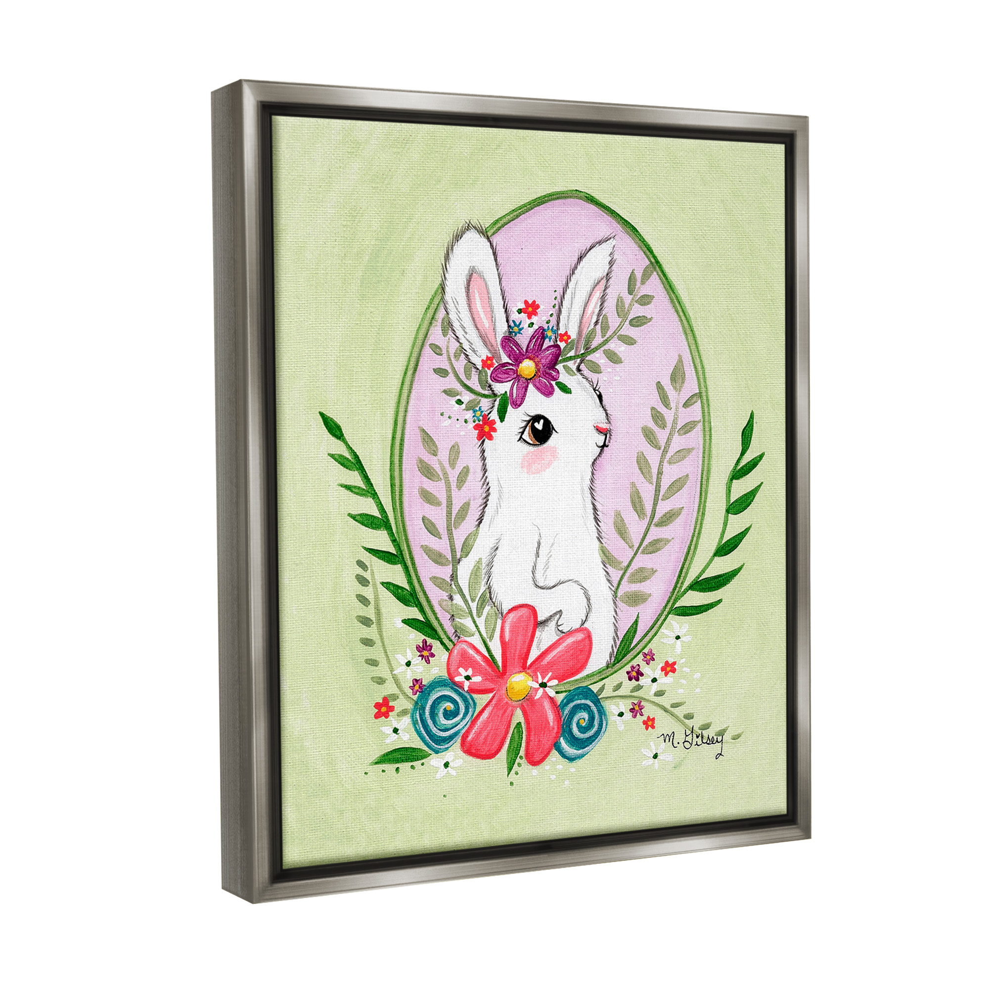 Stupell Industries Spring Bunny & Blossom Animals & Insects Painting Gray Floater Framed Canvas Art Print Wall Art, 17 x 21