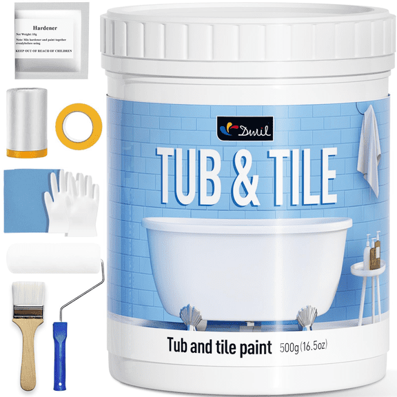 DWIL Tile Paint, Tub and Tile Refinishing Kit with Tools, Water-Based Bathtub Paint - Low Odor, Easy to Use, 25-30sq.ft, 16.5oz, Semi-Gloss White