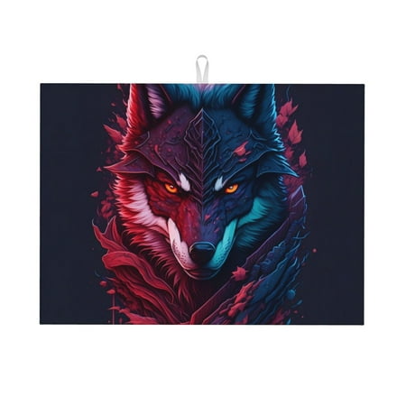 

Dish Drying Mat Cool Wolf Head Highly Absorbent Microfiber Drying Mat Kitchen Counter or Sink Drawer Liner 16x18 Kitchen Drying Mat Coffee Mat Kitchen Essentials