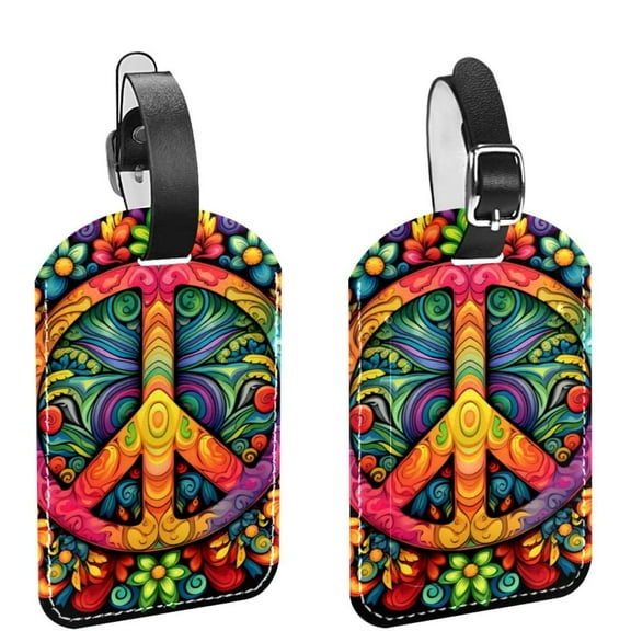 Square 2Pack PU Leather Peace Sign Cruise Luggage Tag with Privacy Cover and Name ID Tag for Travel Handbags Backpacks Luggage Tags