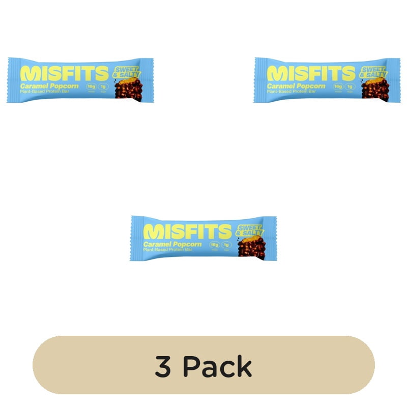 Misfits Plant-Based Caramel Popcorn Protein Bar 50g, British Import (Pack of 3)