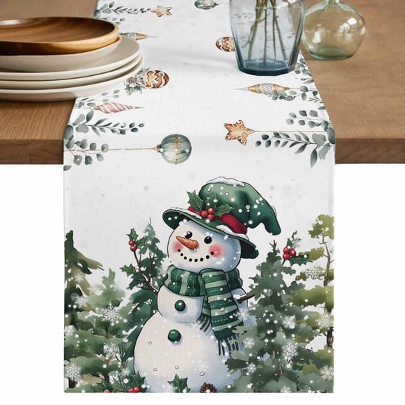 Green Snowman Christmas Table Runner 72 Inches, Eucalyptus Leaves Xmas Snowflake Bed Runner Dresser Scarves Tabletop for Indoor Outdoor Parties/Ceremony/Banquet, 13" x 72"