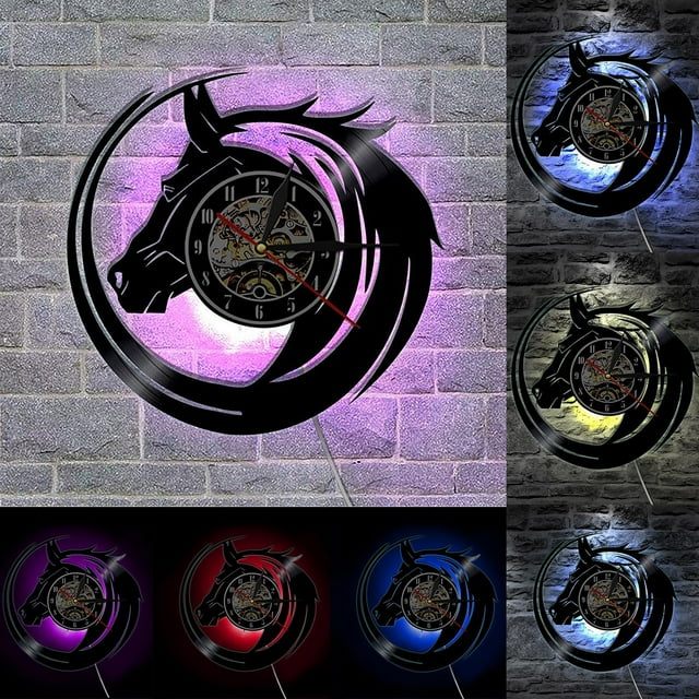 Dvkptbk Clocks Horloge Murale en Disque Vinyle Forme de Tête de Cheval Horloge Murale Rétro Nostalgique Déco Maison en Liquidation