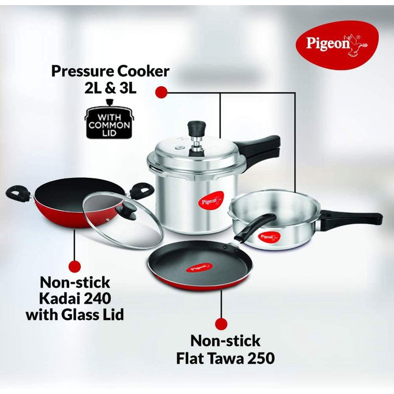 Pigeon Induction Base Mini Starter Kit Outerlid Aluminium Set 2 Liter 3 Liter 5 Liter Tawa Skillet 250mm Kadai Wok 240mm Pressure Cooker Set 6