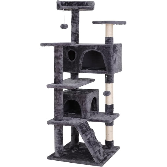 54 Inch Cat Tree, Indoor Cat Tower Condo, Multi-Level Cat House with Sisal-Covered Scratching Post 2 Play House, Pet Cat Furniture, Grey