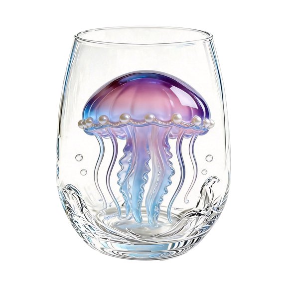 3D Marine Animal Glass Cup 12 oz Ocean Theme Glassware Octopus Jellyfish Seahorse Fish Juice Beverage Drinkware Mug,Clear,3D - Purple Jellyfish