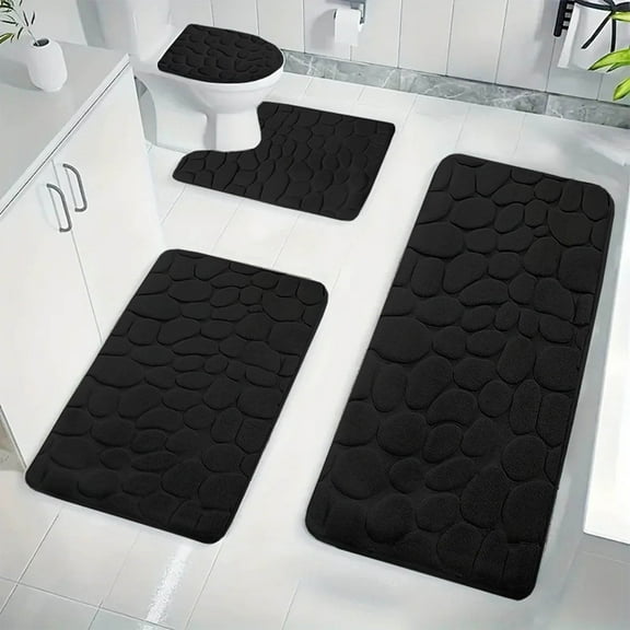 5 Piece Cobblestone Memory Foam Bath Mats, Extra Thick Non Slip Mats for Tub, Toilet and Floor, Water Absorbent, Washable Dark Grey Rugs -A1C02(Black)