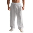 thumbnail image 2 of Mens Casual Pants Drawstring Elastic Waist Lightweight Linen Pants Loose Fit Straight Legs Beach Trousers Light Gray M, 2 of 9