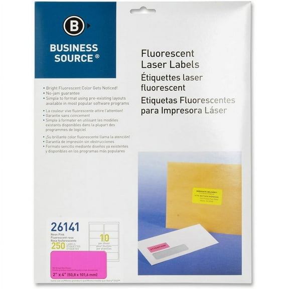 Business Source 2" Fluorescent Color Laser Labels - 2" x 4" Length - Permanent Adhesive - Rectangle - Laser - Neon Pink - 10 / Sheet - 250 / Pack | Bundle of 2 Packs