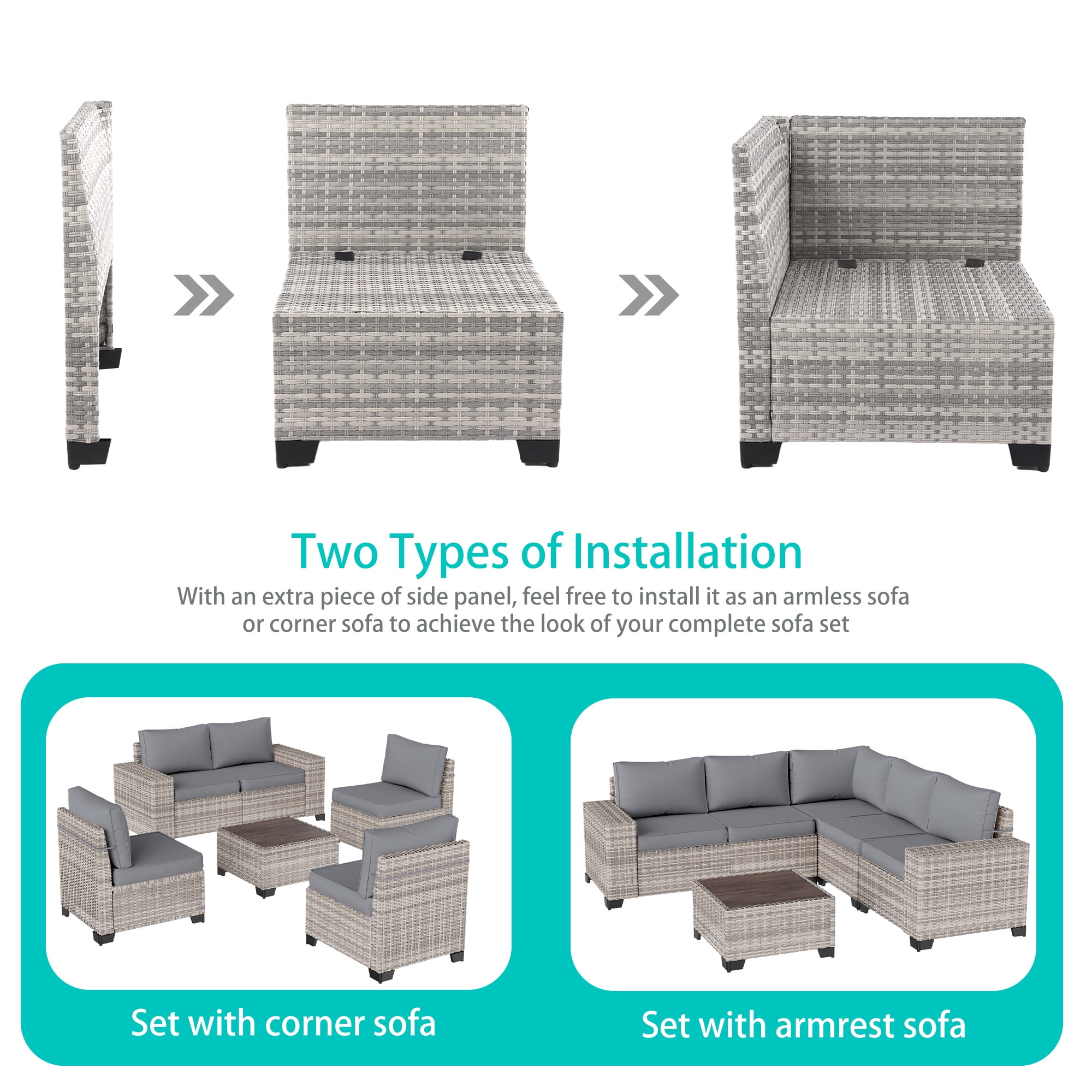Sweecci 6 Piece Outdoor Patio Furniture Set, Ergonomic Wicker Patio Sectional Sofa with Stable Feet, 4" Cushions Conversation Set with Wood Table for Backyard Garden Deck,Grey