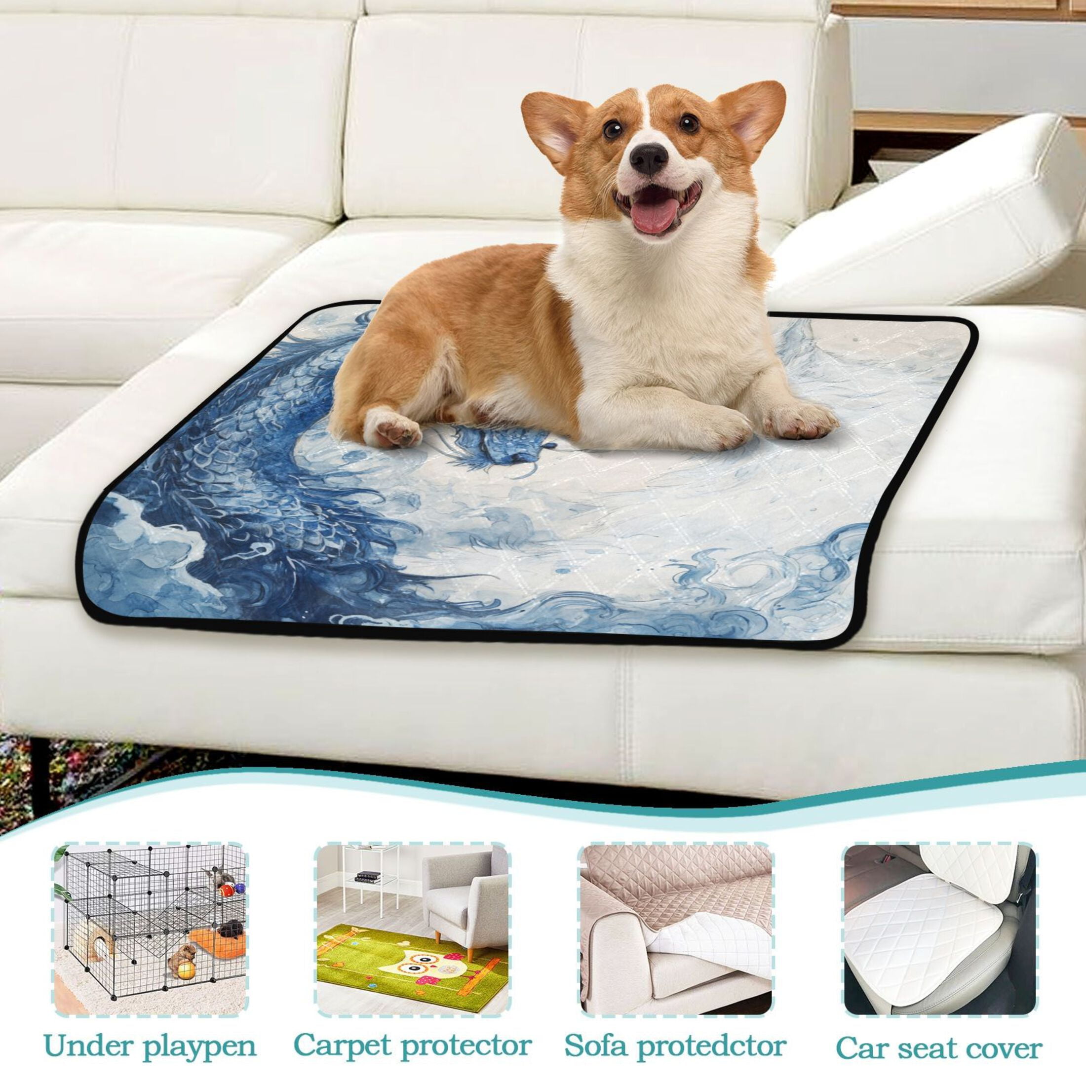 Qxltty Blue Dragon and White Fox Cat litter Pads Pet Set of 3 Diaper Mats Center Anti-leakage Layer Absorbent Soft and Comfortable