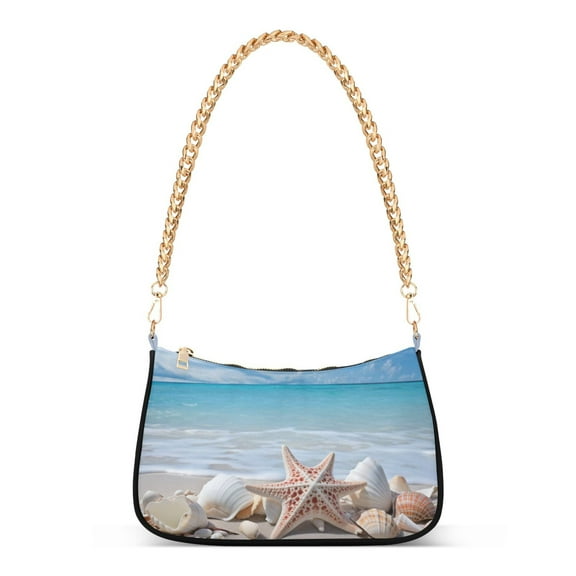 Womens Chain Shoulder Bag Seastars on Beach Classic Tote Handbags Fashion Clutch Hobo Purse with Zipper for Travel Casual