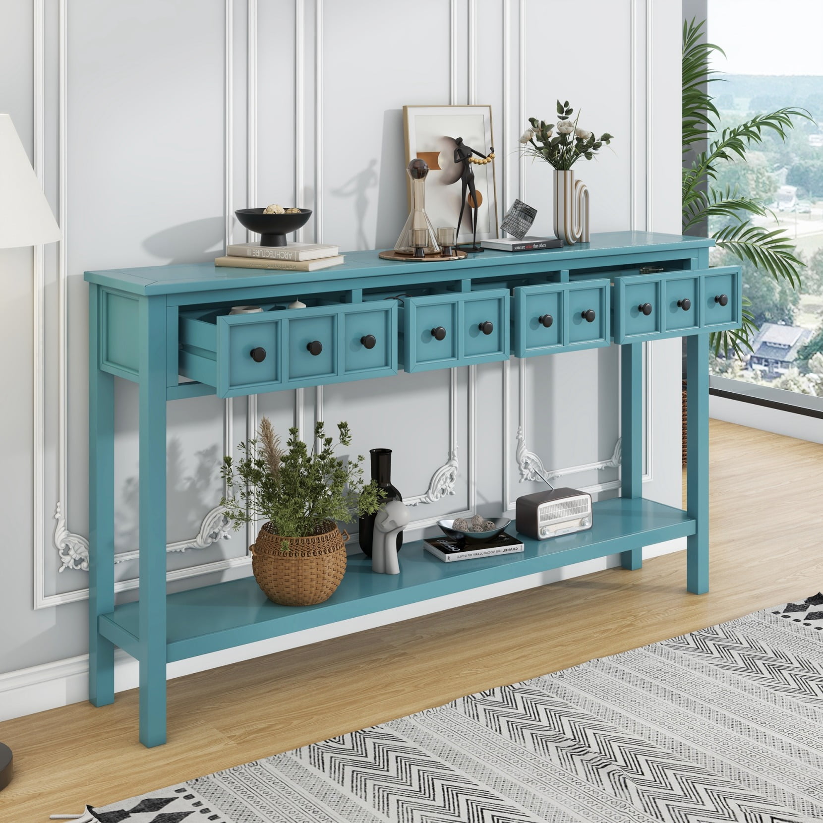 Console Table, Console Tables for Entryway with 4 Drawers and Open Storage Shelf, 60" Long Sofa Table in Solid Wood, Narrow Console Table for Living Room, Couch, Hallway, Foyer, Kitchen Counter, Green