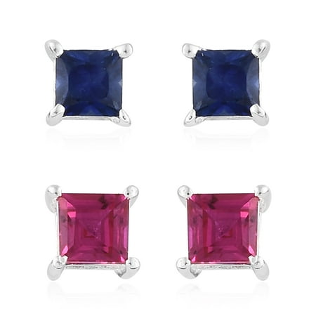 925 Sterling Silver Set of 2 Stud Solitaire Earrings for Women Lab Created Blue Sapphire & Ruby Jewelry Gift Cttw