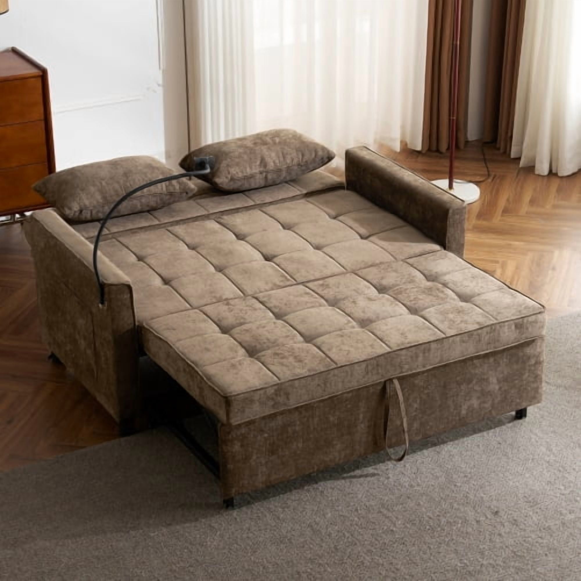 56.9" Loveseat Pull-Out Sofa Bed, Convertible Sleeper Sofa with Reversible Backrest, USB Ports & Phone Holder, Chenille Couch for Living Room, Brown