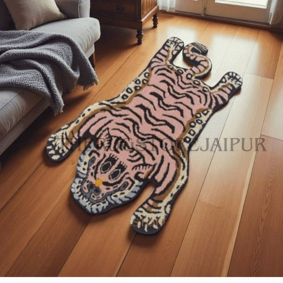 Tibetan Tiger Rug, Pink Wool Animal Art Carpet, Hand Tufted Pelt Design, Spiritual Home Decor 2x3 feet Aesthetic Rug, Ellington Rug