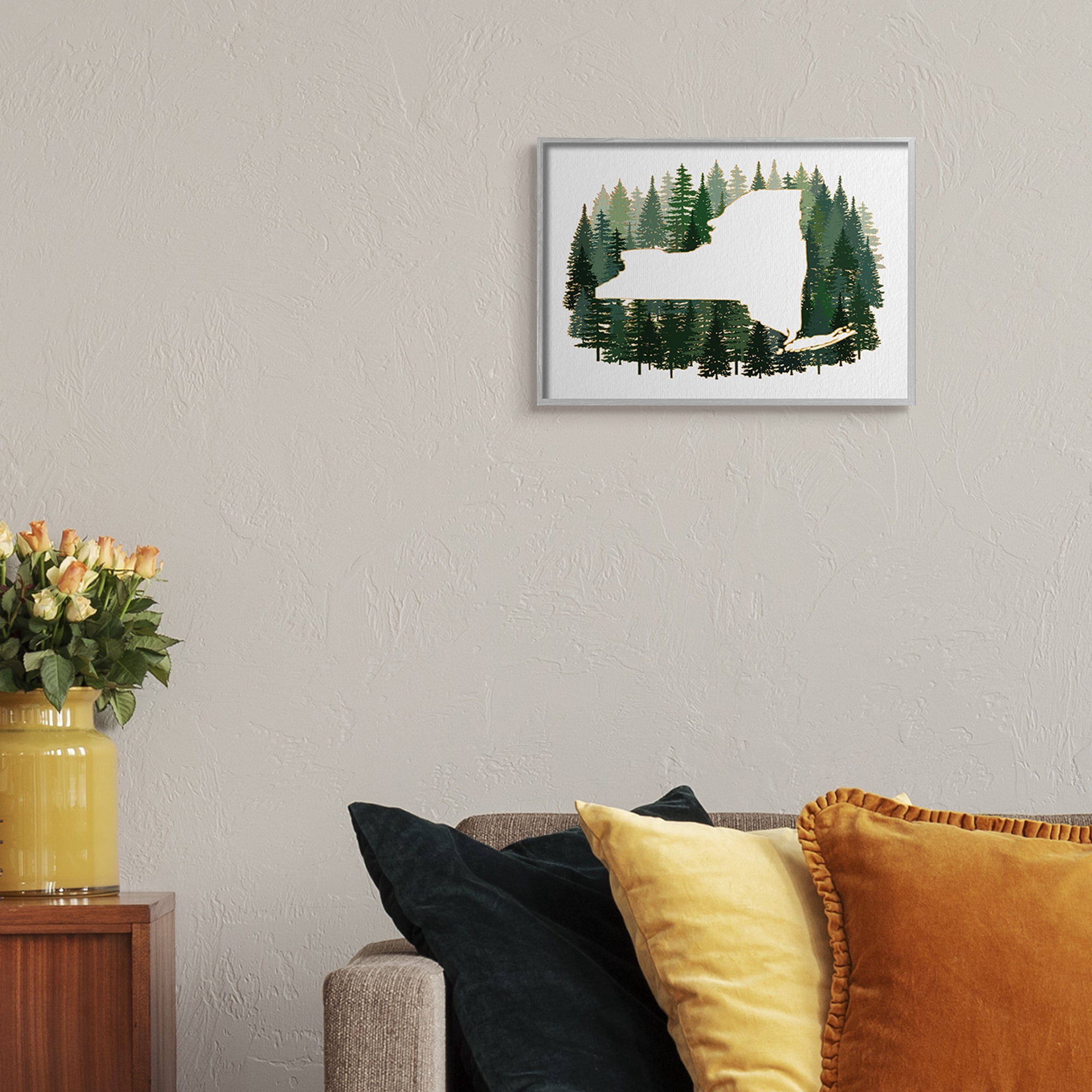 Stupell Industries New York State Outline Green Forest Pine Trees Town & City Painting Gray Framed Art Print Wall Art, 11 x 14