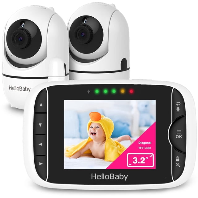 HelloBaby Video Vigilabebés con 2 Cámaras y Audio. Vigilabebés con giro/inclinación/zoom remoto, modo VOX, visión nocturna, conversación bidireccional, 8 canciones de cuna