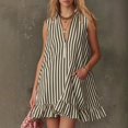 thumbnail image 2 of Women's Vertical Striped Dress, Casual Sleeveless Zip-up V Neck Mini Dress, Ruffle Hem Shift Summer Sundress with Pockets, 2 of 7