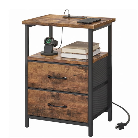Behome Nightstand with Charging Station, Bedside Table with Storage, End Tables with USB Ports and Outlets for Bedroom, Living Room,Rustic Brown