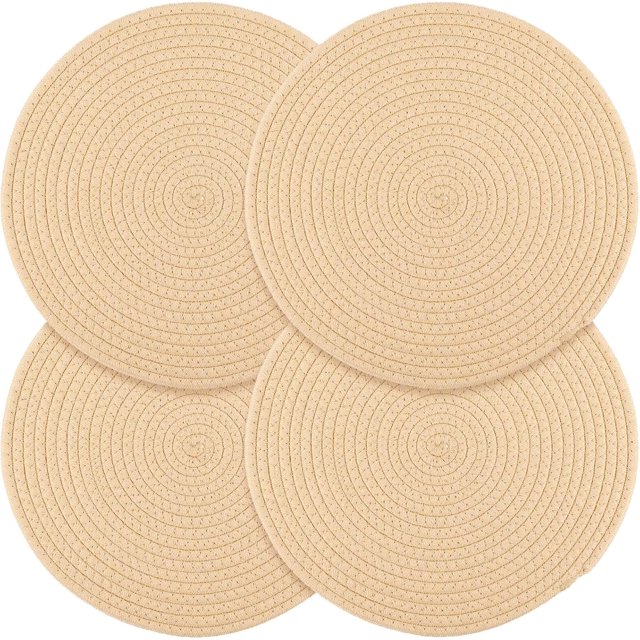 QPENWEI Juego de 4 manteles individuales tejidos redondos de color beige, manteles individuales de 30 cm para mesa de comedor, salvamanteles para cocina, salvamanteles para platos calientes, ollas y s
