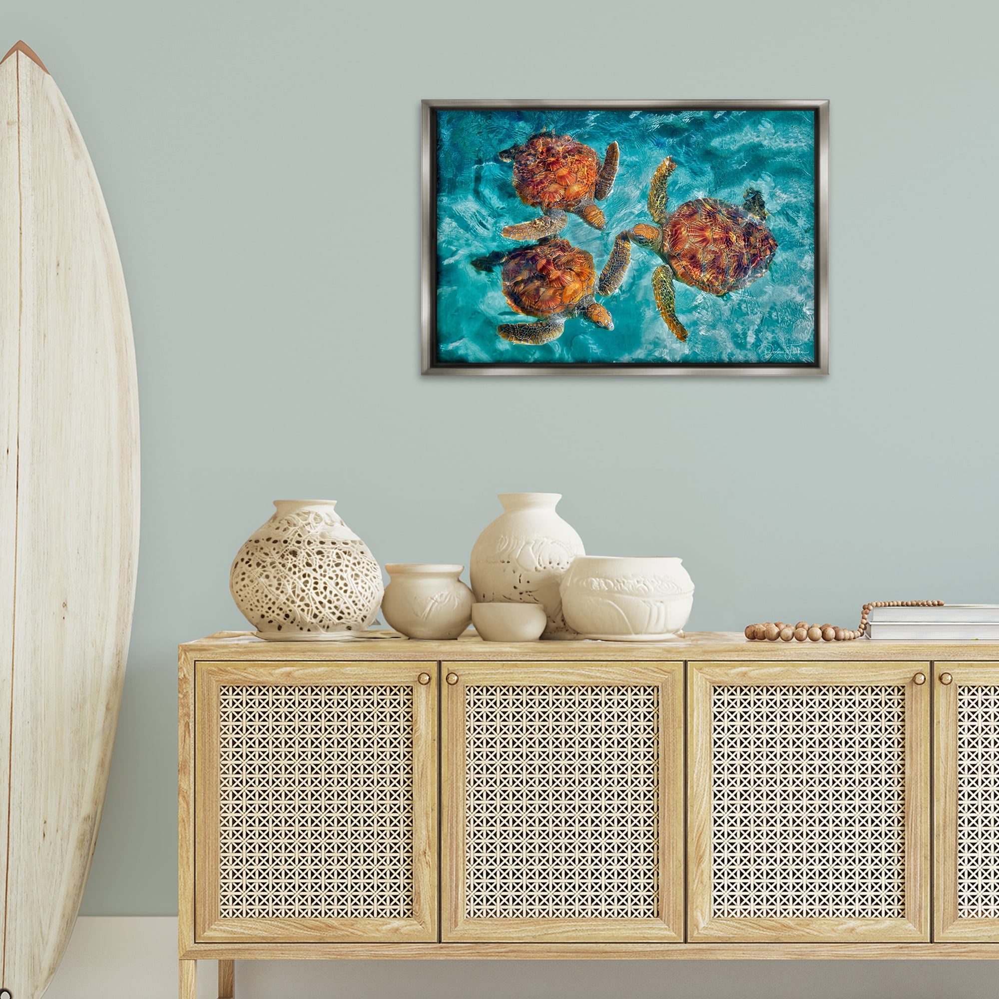 Stupell Industries Swimming Tortoise Trio Animals & Insects Painting Gray Floater Framed Canvas Art Print Wall Art, 31 x 21
